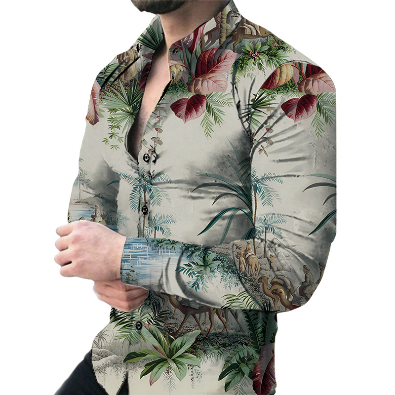 Men's casual long sleeve oversized floral shirt 17