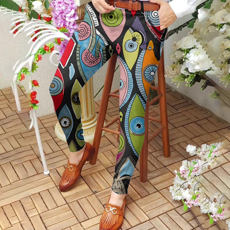 Mid-rise casual pants digital print slim fit pants 42 02